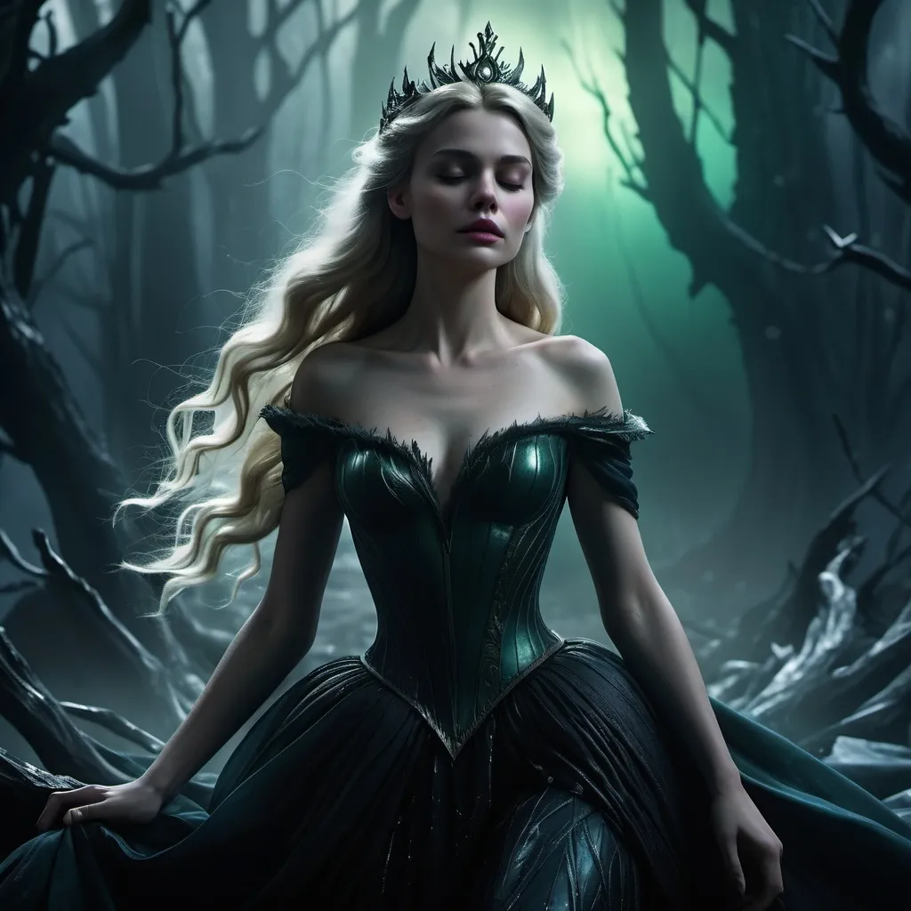 Prompt: (Aurora, the sleeping beauty, corrupted) dark and brooding aesthetics, fierce and menacing expression, dramatic, fallen princess theme, haunting background showcasing a ravaged landscape, shadowy figures lurking, ethereal mist swirling around, cold and eerie atmosphere, sophisticated detailing, powerful stance, cinematic lighting highlighting her dark transformation, ultra-detailed, 4K resolution.