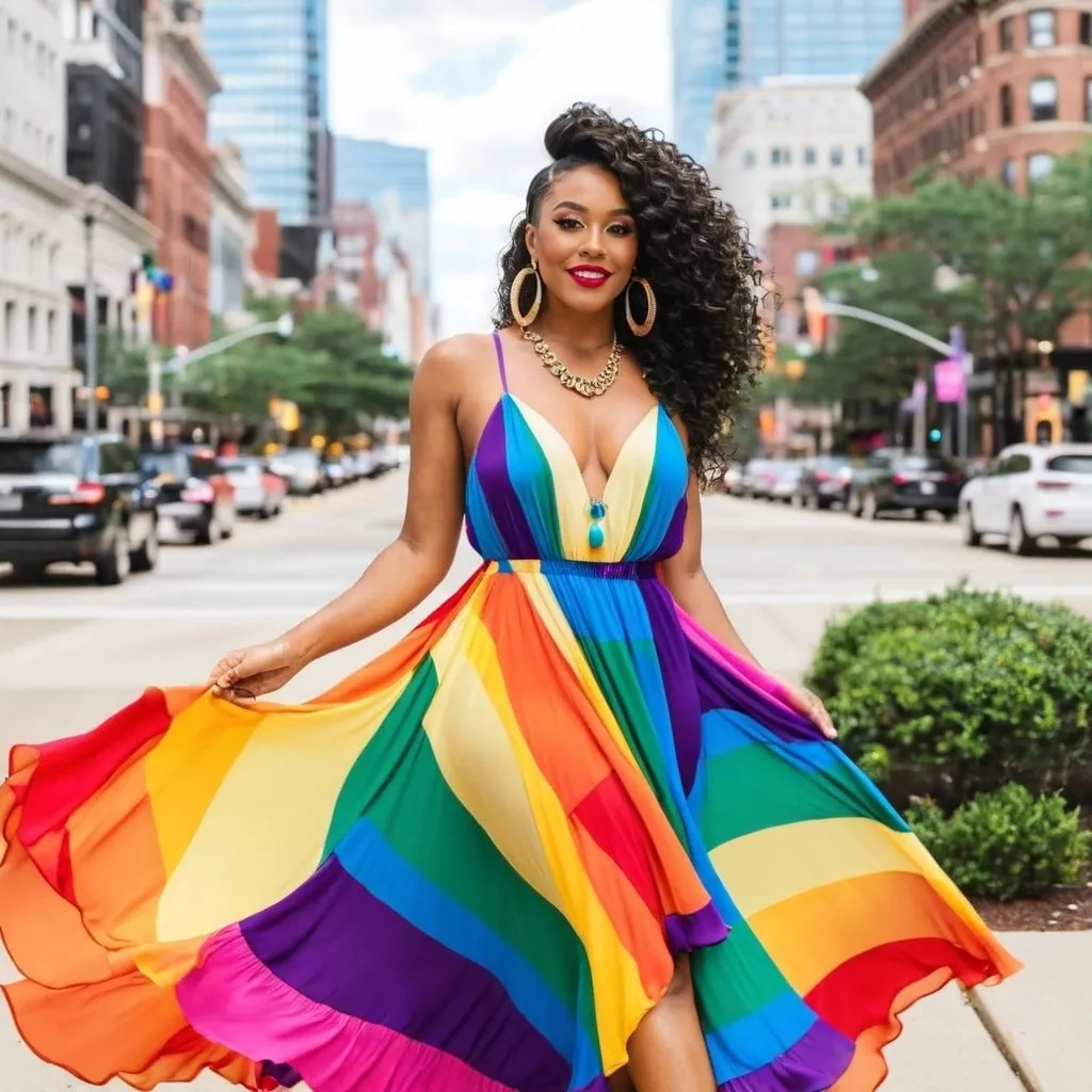 Prompt: Atlanta Pride Month edition fashionista flowy dress, outfit 