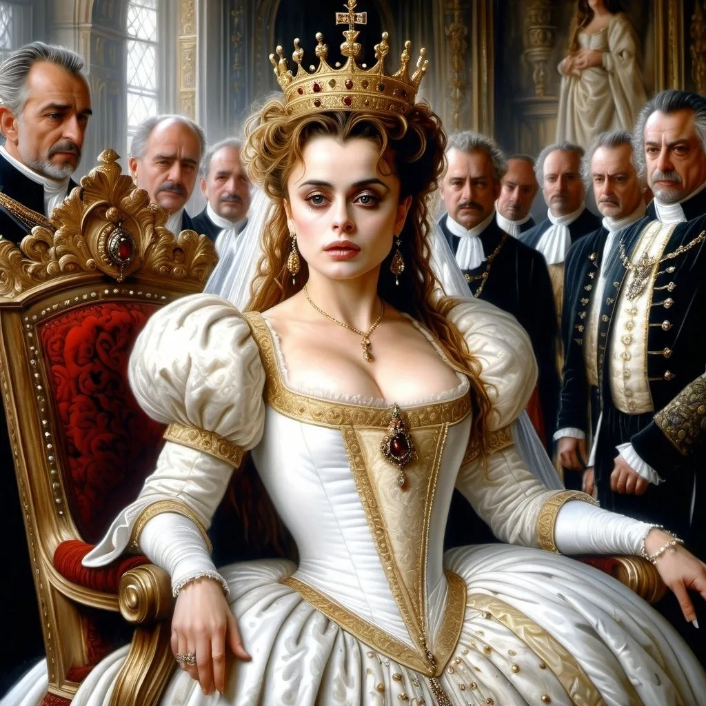 Prompt: Hyper-realistic painting by Serge Marshennikov, Luis Royo, Karol Bak:: elegant and distinguished Helena Bonham Carter, wearing a Elizabethan queenly white dress with gold trim, and a gold queen, she is walking through the Elizabethan throne room as everyone looks on in envy:: 8k resolution, incredible details, a masterpiece, photorealistic