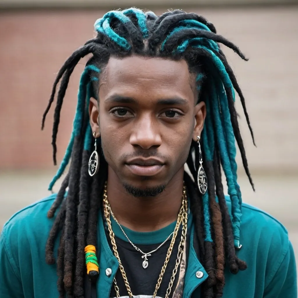 Prompt: A photo of a punk-inspired, edgy-looking young Black man with long dreads blue, teal, and black hair