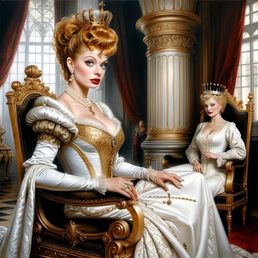 Prompt: Hyper-realistic painting by Serge Marshennikov, Luis Royo, Karol Bak:: elegant and distinguished Lucille Ball, wearing a Elizabethan queenly white dress with gold trim, and a gold queen, she is walking through the Elizabethan throne room as everyone looks on in envy:: 8k resolution, incredible details, a masterpiece, photorealistic