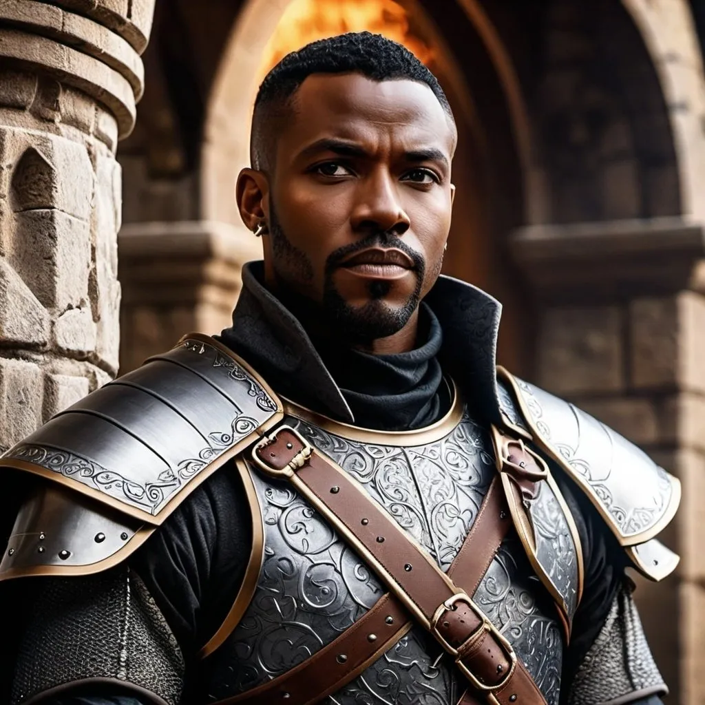 Prompt: A fantasy movie poster, medieval background, black man, Baldur's Gate 3 style