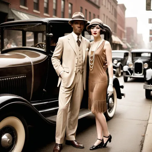 Prompt: "Create an image of an interracial couple in the 1920s. The couple should be standing together in a vintage 1920s setting, such as a city street or a jazz club. The man should be African American, wearing a sharp, dark suit, a fedora hat, and polished shoes. The woman should be Caucasian, wearing a flapper dress with fringe, a cloche hat, and T-strap shoes. The background should feature period-appropriate details such as vintage cars, street lamps, and signage. The overall style should reflect the fashion and atmosphere of the 1920s, with sepia tones or a slightly faded color palette to give the image an authentic vintage look."

Style: Vintage, 1920s
Color Palette: Sepia tones or faded colors
Setting: City street or jazz club
Outfits: Period-specific fashion (sharp suit for the man, flapper dress for the woman)
Details: Vintage cars, street lamps, signage