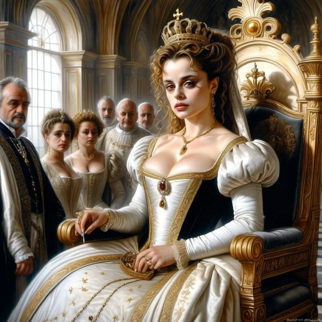 Prompt: Hyper-realistic painting by Serge Marshennikov, Luis Royo, Karol Bak:: elegant and distinguished Helena Bonham Carter, wearing a Elizabethan queenly white dress with gold trim, and a gold queen, she is walking through the Elizabethan throne room as everyone looks on in envy:: 8k resolution, incredible details, a masterpiece, photorealistic