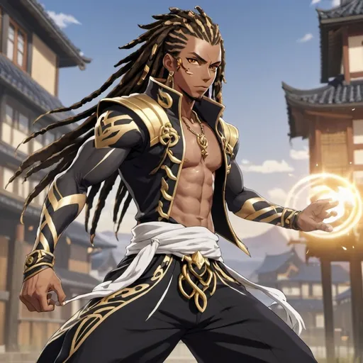 Prompt: Full body portrait. Genshin Impact, Mondstadt background. Genshin Impact Black athletic black male, and golden eyes, with long dreads with a flowing outfit ready to fight.