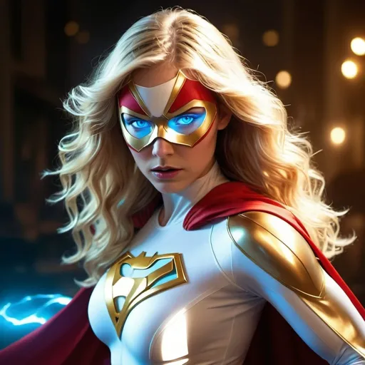 Prompt: CGI, masterpiece, woman long wavy blonde hair, light blue eyes, superhero, super-strength, fighting crime, glowing eyes, focused gaze, white and gold superhero outfit with mask and cape, vivid and colorful, glowing lights and decoration, intense and dramatic lighting, ultra-detailed, focused gaze, vivid colors, atmospheric lighting, full scene