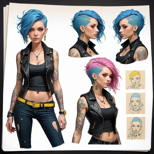 Prompt: Character design sheet woman blue-pink hair black leather vest with yellow accents,tattoos