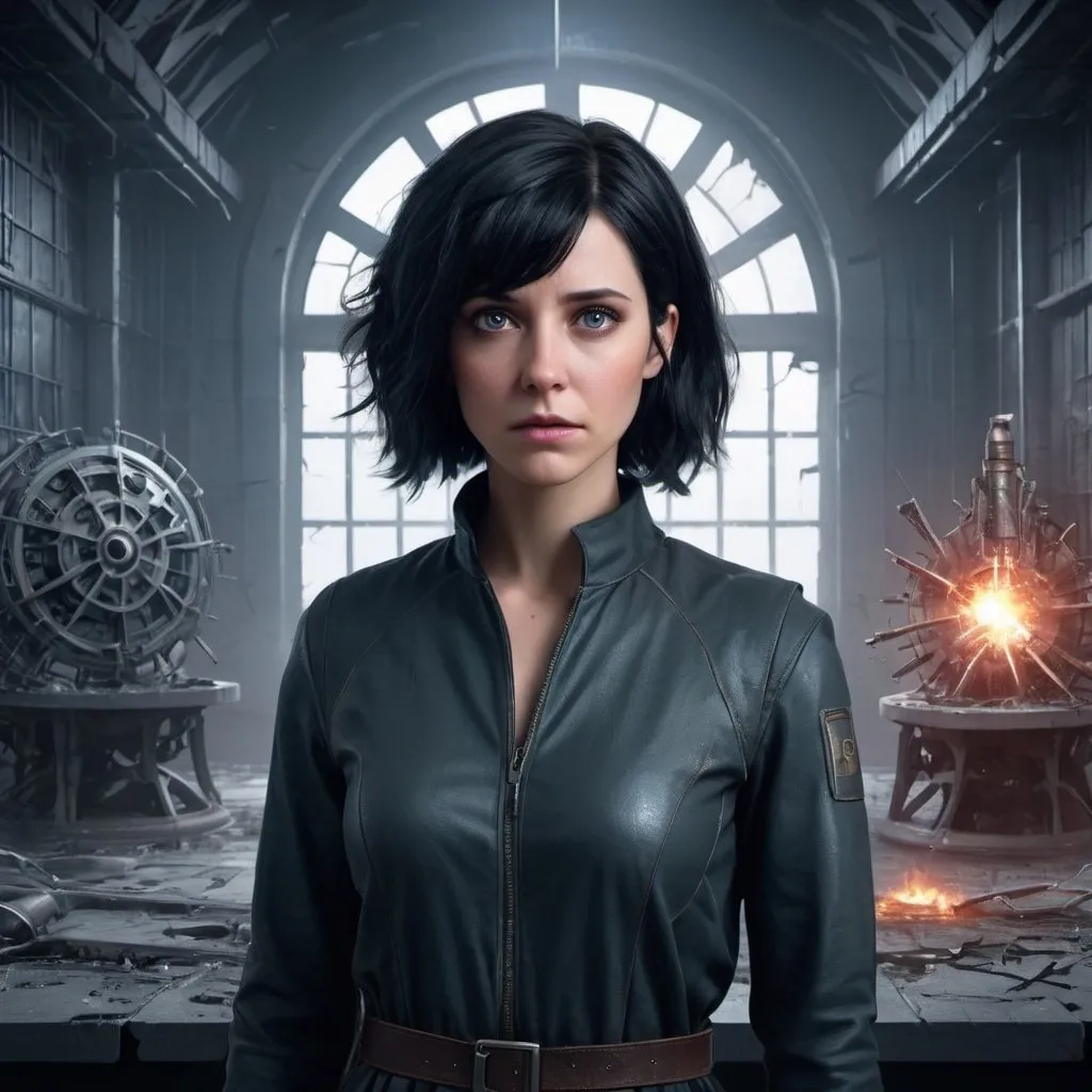 Prompt: A fantasy movie poster, abandoned laboratory background, AI woman with short wavy black hair, AI woman who is heartbroken to discover her "creator's lab" destroyed, Baldur's Gate 3 style