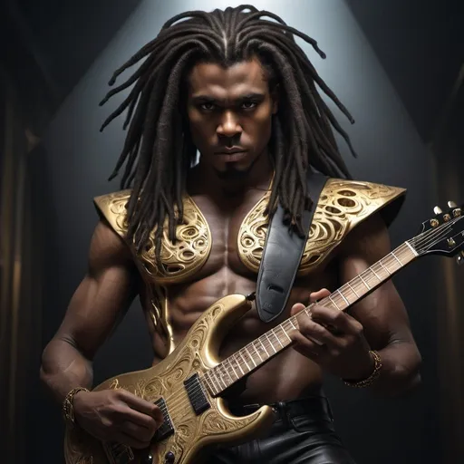 Prompt: Professional Photo, Model, gorgeous black man with long curly dark brown dreads with gold accents playing electric guitar, on a stage, smokey, backlighting, HD, sf, intricate artwork masterpiece, ominous, matte painting movie poster, golden ratio, trending on cgsociety, intricate, epic, trending on artstation, by artgerm, h. r. giger and beksinski, highly detailed, vibrant, production cinematic character render, ultra high quality model