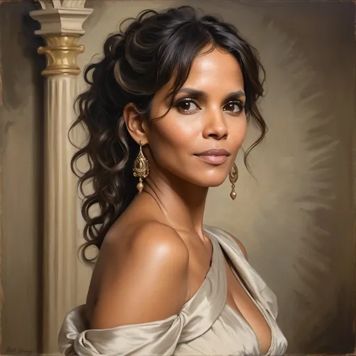 Prompt: Regency era portrait of Halle Berry as a beautiful cute buxom woman with black hair in long curls trailing over the shoulder, oil painting, upper class Regency period clothing, simple, subtle colors, soft and diffused lighting, high quality, detailed brushwork, elegant and refined, classic beauty, historical art, Baroque style, delicate features, aristocratic charm, Michael Dahl