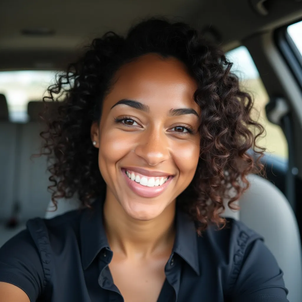Prompt: A woman with curly hair smiles warmly at the camera, her joyful expression radiating kindness and approachability. She is seated indoors, likely in a vehicle, as suggested by the blurred seat and interior features visible in the background. The lighting is soft and natural, gently illuminating her features, and she wears a dark blouse that complements her complexion. The overall mood of the image is cheerful and inviting, capturing a moment of genuine happiness.