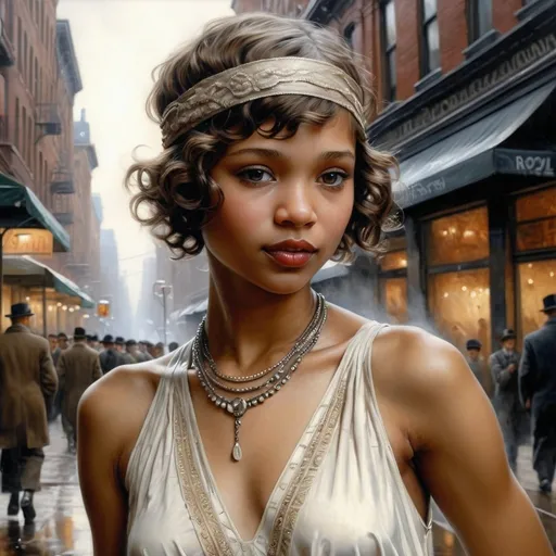 Prompt: hyper-realistic painting by Serge Marshennikov, Luis Royo, Karol Bak :: Halle Bailey as a young pretty happy 1920s flapper woman, short curly brunette hair, wearing fashionable clothing, walking through the streets of Harlem:: 8k resolution, incredible details, a masterpiece, photorealistic