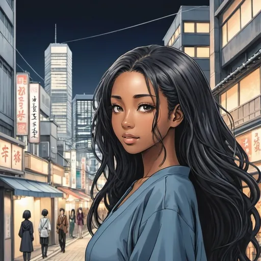 Prompt: Japanese romance manga, city landscape background, a beautiful black woman with long hair, Japanese manga art style.