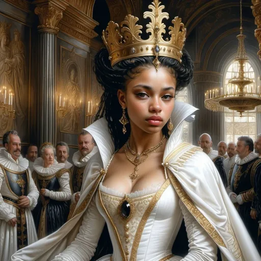 Prompt: Hyper-realistic painting by Serge Marshennikov, Luis Royo, Karol Bak:: a young black queen, wearing a Elizabethan queenly white dress with gold trim, and a gold queen, she is walking through the Elizabethan throne room as everyone looks on in envy:: 8k resolution, incredible details, a masterpiece, photorealistic