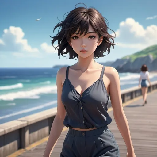 Prompt: High quality CGI anime illustration of a young Japanese girl with short wavy black hair blowing in the wind, soft dark brown eyes, wearing a short summer outfit with a deep cleavage, walking on a lonely seafront, detailed hair and clothing, vibrant color tones, summer breeze, anime, realistic, detailed eyes, professional, atmospheric lighting, full body shot.
