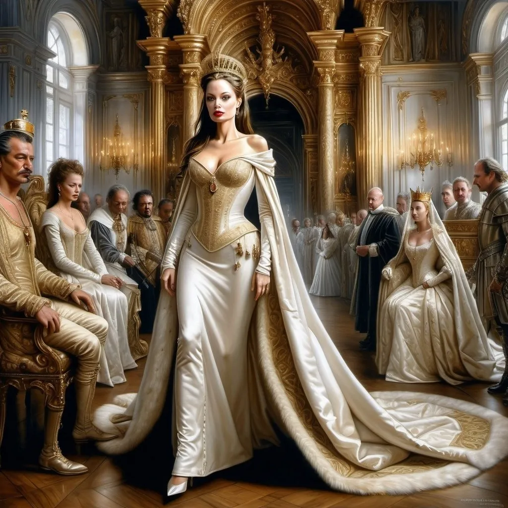 Prompt: Hyper-realistic painting by Serge Marshennikov, Luis Royo, Karol Bak:: elegant and distinguished Angelina Jolie, wearing a Elizabethan queenly white dress with gold trim, and a gold queen, she is walking through the Elizabethan throne room as everyone looks on in envy:: 8k resolution, incredible details, a masterpiece, photorealistic