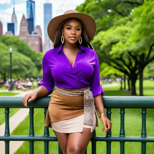 Prompt: Beautiful curvaceous young African woman is leaning on a railing, community park background, dark brown hair, wrapped up in long braid, vibrant light brown eyes, unbuttoned purple blouse, khaki miniskirt, long shapely legs, suede sandals, sun hat, perfect diamond face, light makeup, buxom, hourglass feminine physique, sun shine, high-res, fashion photography, realistic, artistic, relaxed pose, summer fashion, light earth tone color scheme, high detail, high quality, New York park setting, skyline in the background, sharp focus on subject face.