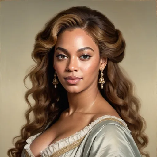 Prompt: Regency era portrait of Beyoncé as a gorgeous buxom woman with brunette wavy hair trailing over the shoulder, oil painting, upper class Regency period clothing, simple, subtle colors, soft and diffused lighting, high quality, detailed brushwork, elegant and refined, classic beauty, historical art, Baroque style, delicate features, aristocratic charm, Michael Dahl