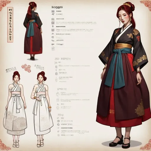 Prompt: Character design sheet classy Korean curvy woman, medium length dark brown and red hair, a red Hanbok dress with gold accents, tattoos