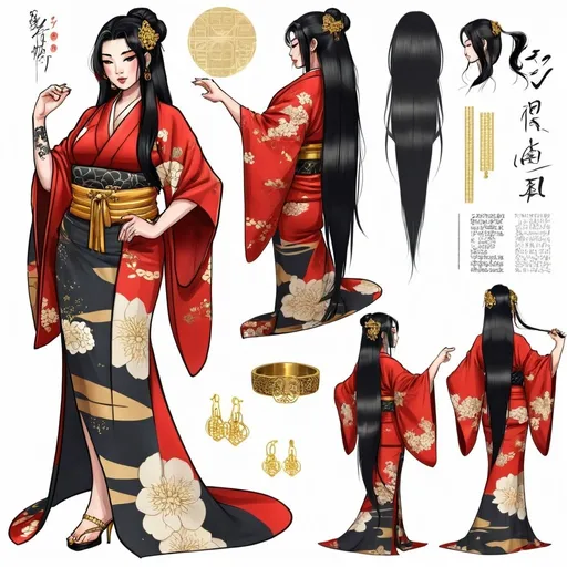 Prompt: Character design sheet classy Japanese curvy woman, long black hair with gold accessories, a red Kimono with gold accents, tattoos