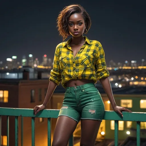 Prompt: 4k , high resolution , detailed ,fashion photography ,digital painting , dramatic ,bright colors, realism ,professional, lights on the woman , art photography, neglected rooftop, urban view, night, a woman standing near the safety railing in modeling pose ,black skin ,flannel green yellow shirt , short jeans ,
portrait , legs , low angle shot ,