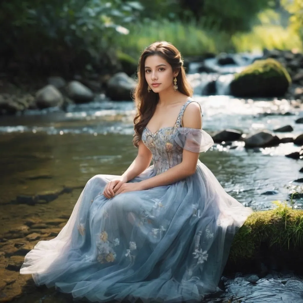 Prompt: Create an image of a beautiful girl sitting along stream wearing full dress