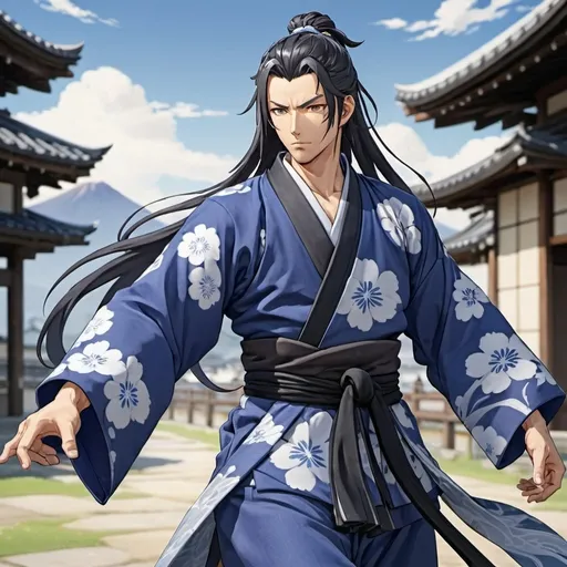 Prompt: Full body portrait. Genshin Impact, Mondstadt background. Genshin Impact Blind Japanese athletic male character, and grey eyes, with long black hair in a long ponytail, trailing behind him. He is wearing a flowy blue and silver yukata outfit and is ready to fight.
