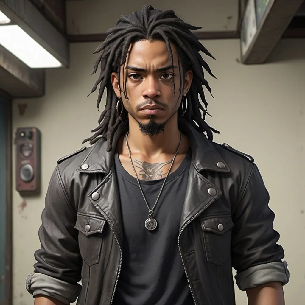 Prompt: Studio Ghibli 2D anime style. Create a full-body portrait of John, a character in his early-30s. He is depicted as a rugged yet stylish black man with long black hair in dreads and confident posture. He is wearing a leather jacket over a casual t-shirt, paired with dark jeans and combat boots. John's expression should be focused and determined, suggesting his role as a skilled fighter in a dystopian setting. Her surroundings should be urban and slightly worn-down, reflecting the gritty environment he navigates daily. Include subtle details like a few discreet tattoos on his visible arms and a keychain attached to his belt, hinting at his adventurous personality.