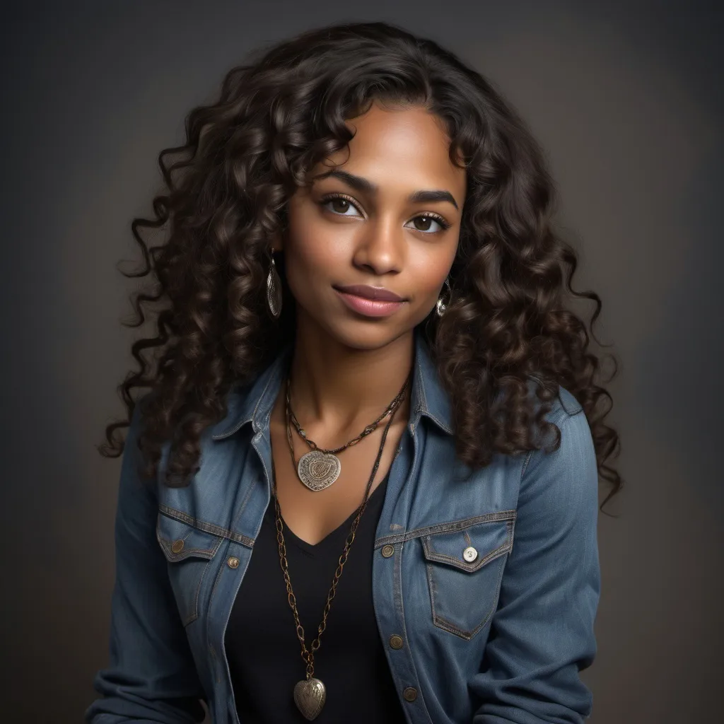 Prompt: "A woman with striking Cajun features, dark skin, and long, wavy curly brown hair. She has deep brown eyes, plump lips, and a natural, makeup-free face. Her expression is a mix of quiet determination and vulnerability. She is slender, of average height, and wears fitted jeans, sturdy boots, and a loose blouse. A small charm necklace rests on her neck, and a faint crescent-shaped birthmark is visible on her wrist. She stands in a magical forest, exuding a haunting yet magnetic presence."