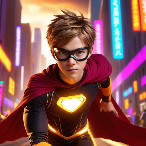 Prompt: CGI, masterpiece, man short light brown hair, superhero, energetic, superhero outfit with eye mask and cape, flying through the city, vivid and colorful, glowing lights and decoration, intense and dramatic lighting, ultra-detailed, focused gaze, vivid colors, atmospheric lighting, full scene