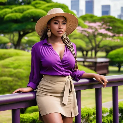 Prompt: Beautiful curvaceous young African woman is leaning on a railing, community park background, dark brown hair, wrapped up in long braid, vibrant light brown eyes, unbuttoned purple blouse, khaki miniskirt, long shapely legs, suede sandals, red sun hat, perfect diamond face, light makeup, buxom, hourglass feminine physique, sun shine, high-res, fashion photography, realistic, artistic, relaxed pose, summer fashion, light earth tone color scheme, high detail, high quality, Tokyo park setting, skyline in the background, sharp focus on subject face.