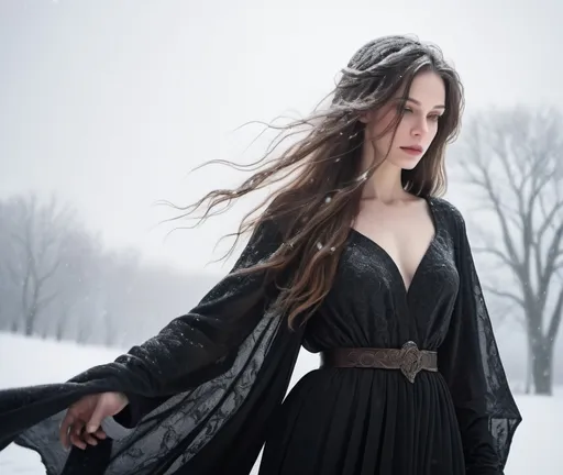 Prompt: a woman with long hair and a black dress is standing in the snow with a sword in her hand, Alice Prin, neo-romanticism, flowing hair, a character portrait