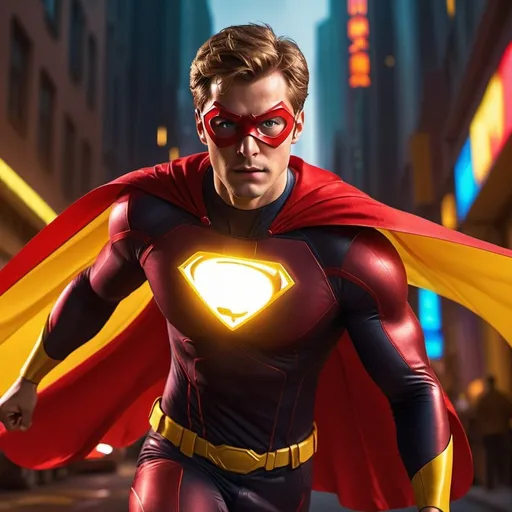 Prompt: CGI, masterpiece, man short light brown hair, superhero, energetic, red and yellow superhero outfit with eye mask and cape, flying through the city, vivid and colorful, glowing lights and decoration, intense and dramatic lighting, ultra-detailed, focused gaze, vivid colors, atmospheric lighting, full scene