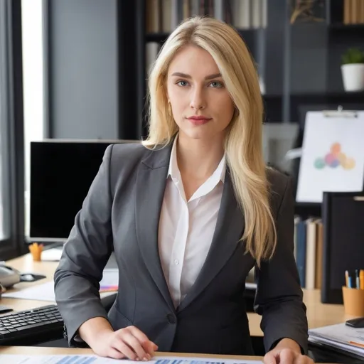 Prompt: Create an image of a beautiful blonde woman working in her office, wearing business suit