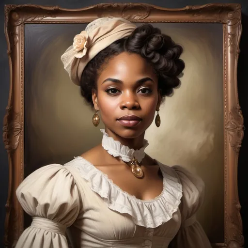 Prompt: A beautiful African American woman living in the Victorian age; painting portrait style