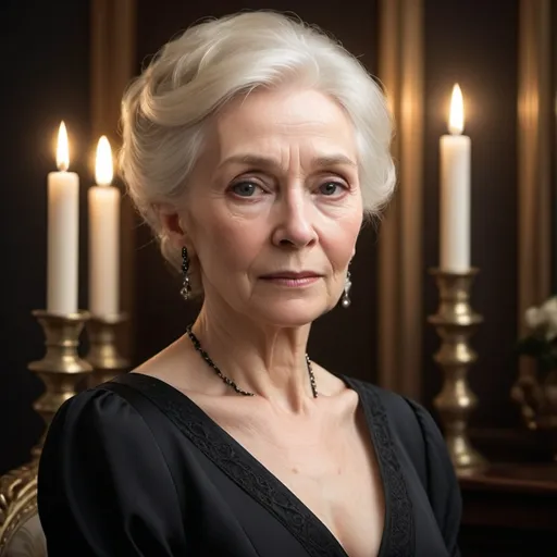 Prompt: An older woman, (dignified and beautiful), wearing an elegant black dress symbolizing mourning (even though she doesn't mourn her husband), (platinum blonde hair) flowing gracefully, proud posture, soft yet resolute expression, subtle background of a distinguished manor, diffused candlelight illuminating her features, rich textures and details in clothing, (highly detailed, cinematic, dramatic lighting) to enhance the atmosphere of reverence and grace, ultra-detailed.