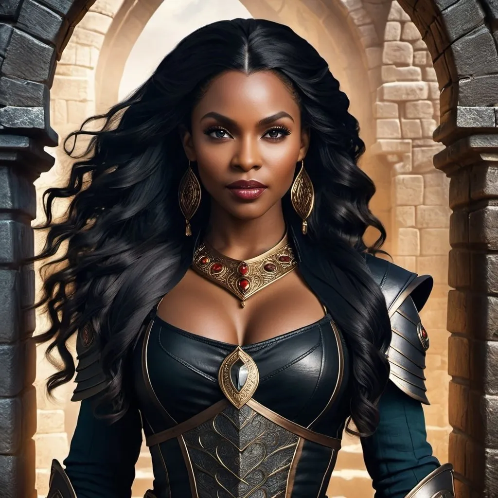 Prompt: A fantasy movie poster, medieval background, black woman with long wavy black hair, Baldur's Gate 3 style