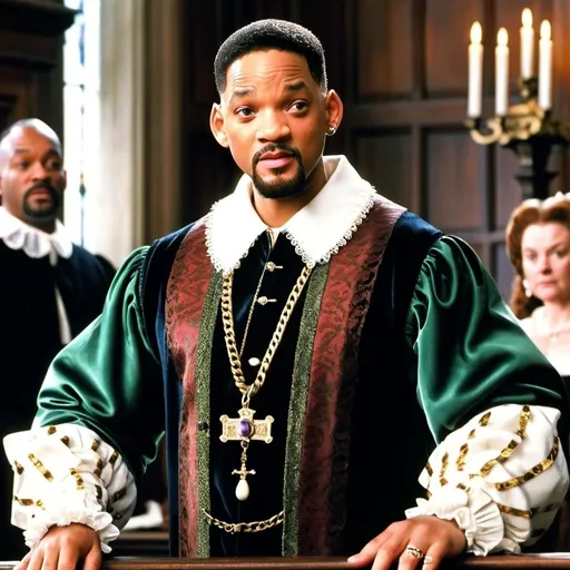 Prompt: Will Smith as the Fresh Prince of Bel-Air in an Elizabethan style outfit, in Elizabethan court room.