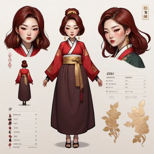 Prompt: Character design sheet classy Korean curvy woman, medium length dark brown and red hair, a red Hanbok dress with gold accents, tattoos