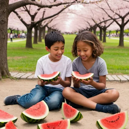 Prompt: Japanese cherry blossom Nagoya park scene. A 10-year-old black girl and an 8-year-old Latino boy are sitting face to face, both happily eating watermelon together. The scene is filled with joy and simplicity, capturing the essence of their shared moment.