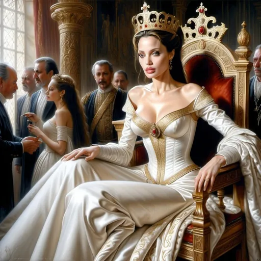 Prompt: Hyper-realistic painting by Serge Marshennikov, Luis Royo, Karol Bak:: elegant and distinguished Angelina Jolie, wearing a Elizabethan queenly white dress with gold trim, and a gold queen, she is walking through the Elizabethan throne room as everyone looks on in envy:: 8k resolution, incredible details, a masterpiece, photorealistic