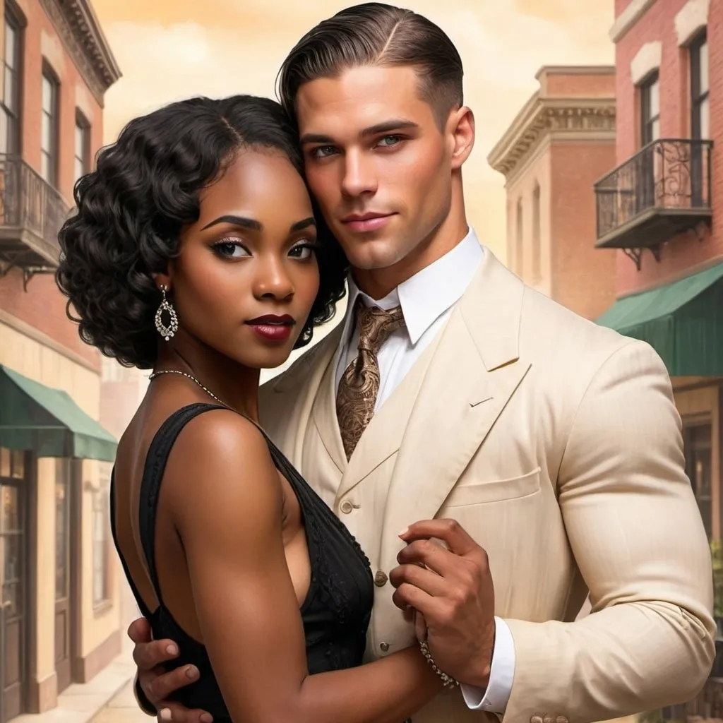 Prompt: Romance novel style book cover with a handsome man holding a gorgeous black woman, 1920s style outfits and background. Interracial couple.