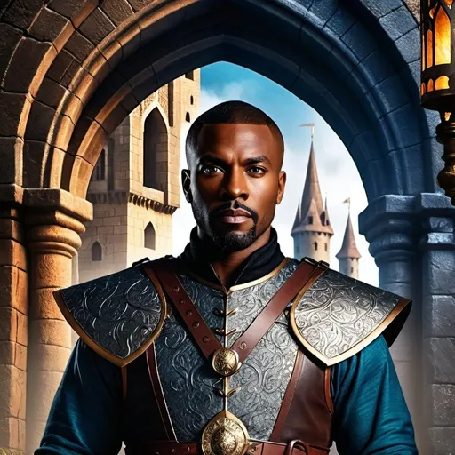 Prompt: A fantasy movie poster, medieval background, black man, Baldur's Gate 3 style