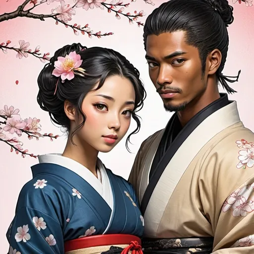 Prompt: Japanese romance manga book cover, Japanese Edo background, a beautiful black woman meets her Japanese love interest, Japanese manga art style.