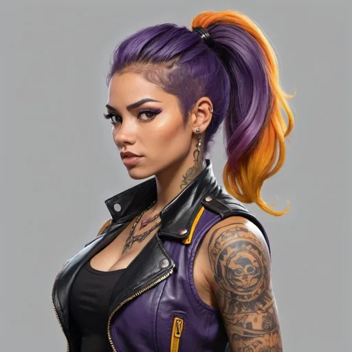 Prompt: Character design sheet Latina woman orange-purple ponytail black leather vest with yellow accents, tattoos