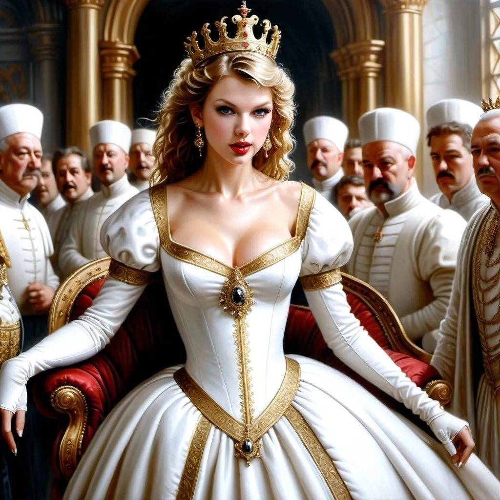 Prompt: Hyper-realistic painting by Serge Marshennikov, Luis Royo, Karol Bak:: Taylor Swift, wearing a Elizabethan queenly white dress with gold trim, and a gold queen, she is walking through the Elizabethan throne room as everyone looks on in envy:: 8k resolution, incredible details, a masterpiece, photorealistic