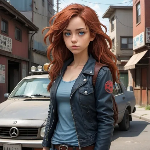 Prompt: Studio Ghibli 2D anime style. Create a full-body portrait of Sasha, a character in her late-20s. She is depicted as a rugged yet stylish woman with long wavy red hair, blue eyes, and confident posture. She is wearing a leather jacket over a casual tank top, paired with dark jean shorts and combat boots. Sasha's expression should be focused and determined, suggesting her role as a skilled driver in a dystopian setting. Her surroundings should be urban and slightly worn-down, reflecting the gritty environment she navigates daily. 
