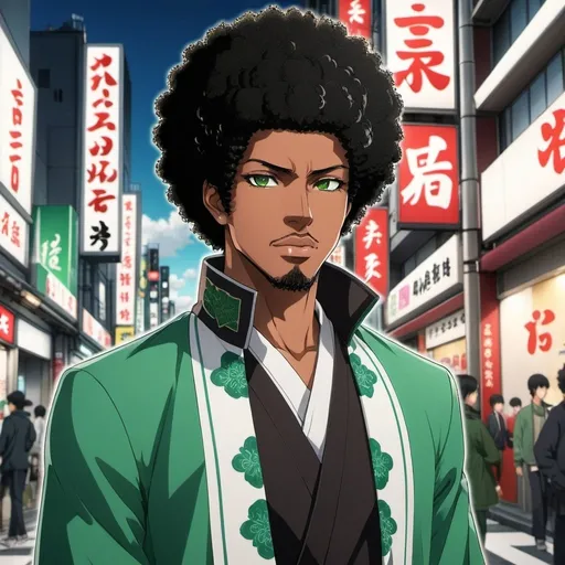 Prompt: A handsome black man with black afro, wearing Shibuya style outfits, and emerald green eyes in Japanese style anime.