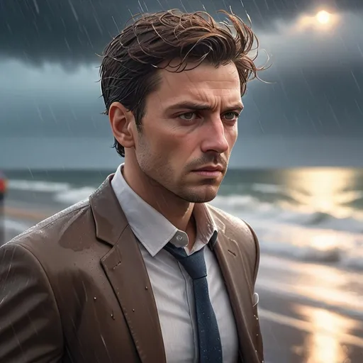 Prompt: High quality CGI illustration of a man with short brunette hair blowing in the wind, intense light brown eyes and athletic build, wearing a loosened business outfit, walking on a lonely seafront depressed from discovering his wife cheated, walking through the rain wet, detailed hair and clothing, vibrant color tones, rainy summer breeze, realistic, detailed eyes, professional, atmospheric lighting, full body shot.