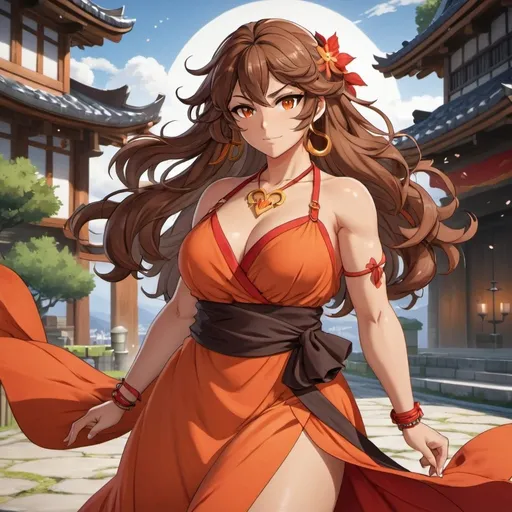 Prompt: Full body portrait. Genshin Impact, Mondstadt background. Genshin Impact curvy Hispanic female character with hazel eyes and long wavy brown hair. She is wearing a flowy orange and red flowy dress and is ready to fight.